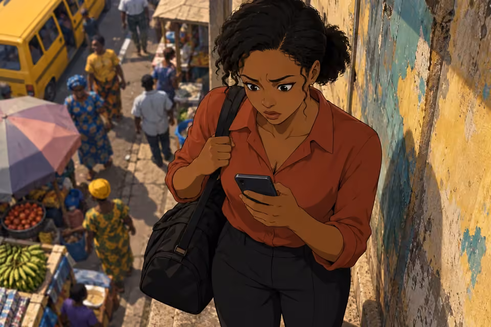 Seen from above, Kemi studies her phone beside a weathered market wall.
