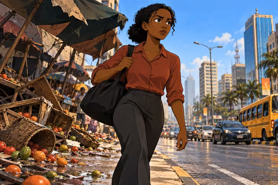 Kemi walks away from the disrupted market with her black duffel over her shoulder.