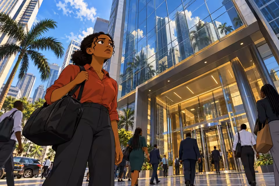 Kemi studies the towering glass office building in the busy financial district.