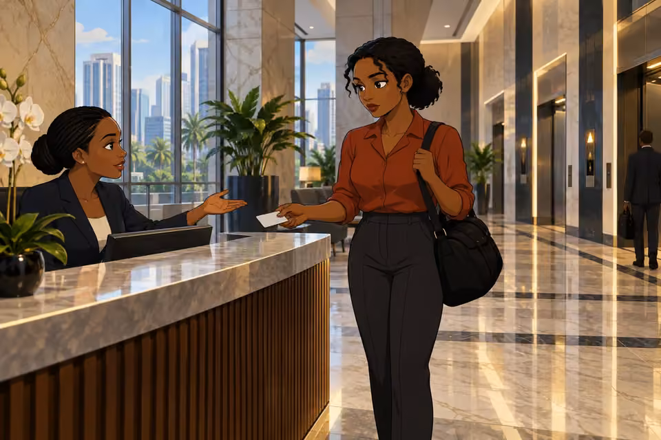 Kemi presents an identification card at a marble reception desk as the receptionist waves her onward.