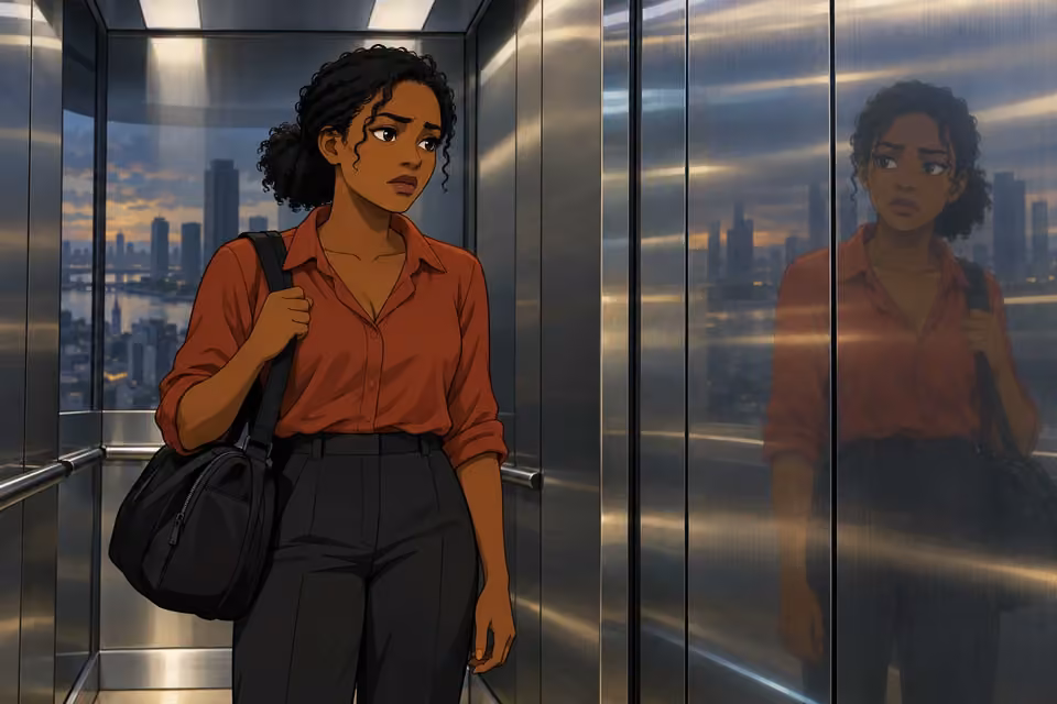 Kemi stands tense and alone in an elevator, her reflection faint in the metal wall.