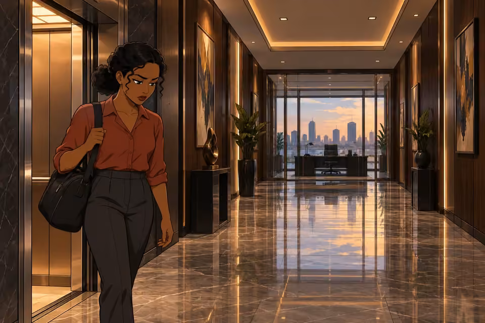 Kemi steps from the elevator into a quiet marble corridor lined with dark wood.