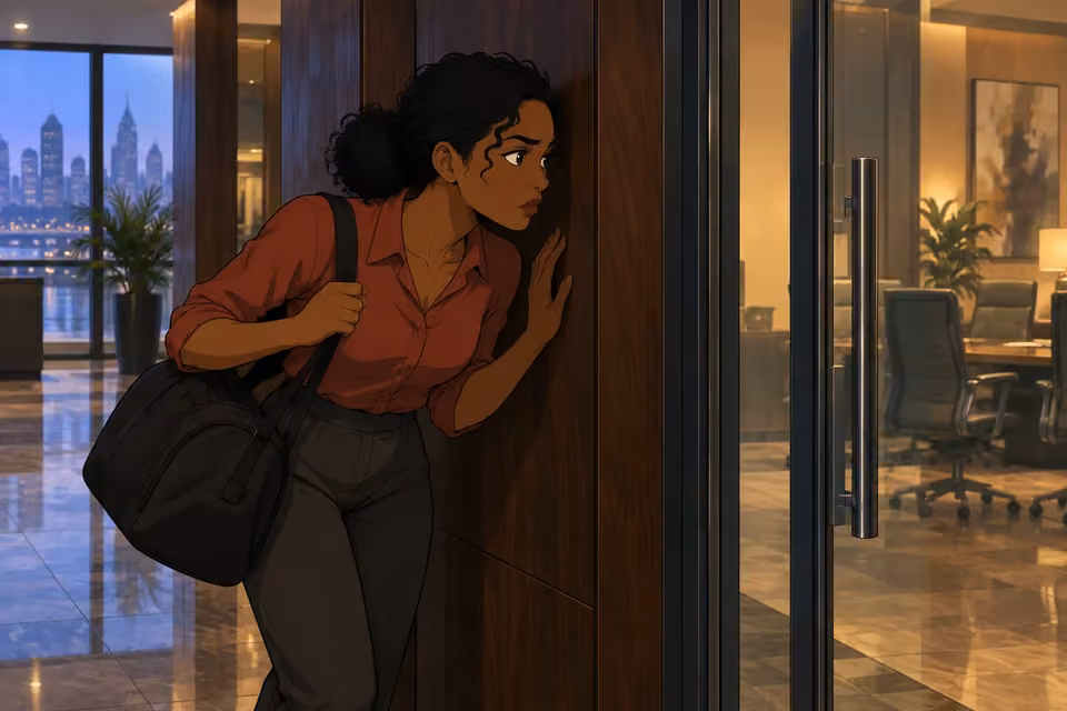 Kemi leans from a recessed alcove beside a glass office door to listen.