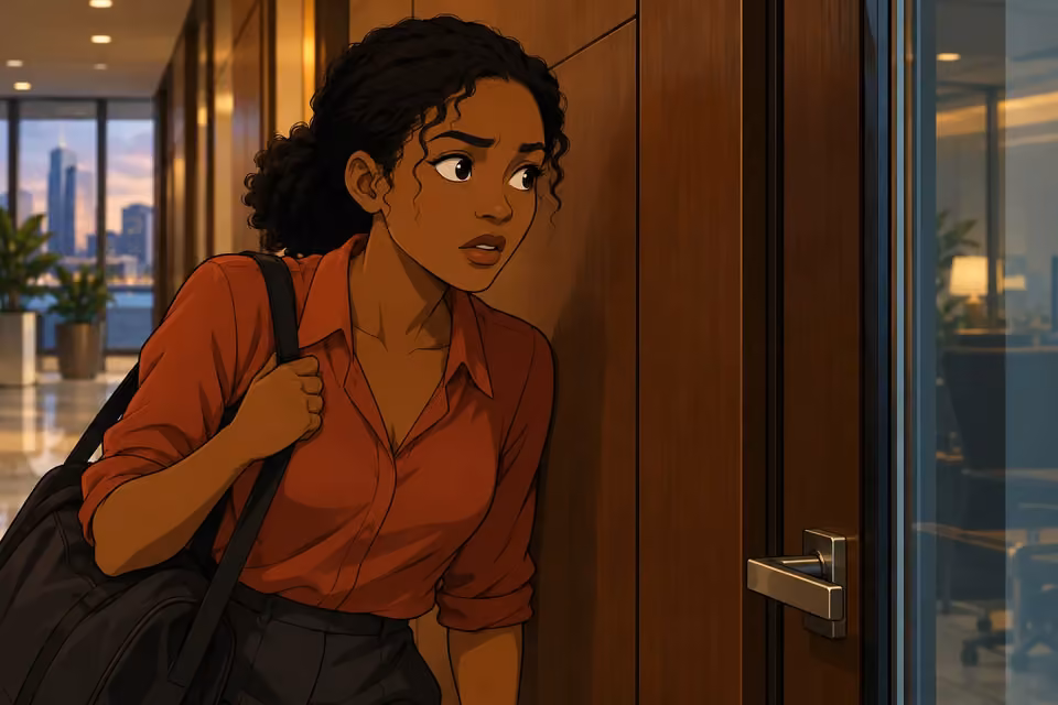 Kemi stills beside the office door as her eyes widen at what she hears.