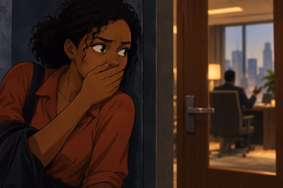 Kemi covers her mouth while overhearing a threatening conversation outside the office.