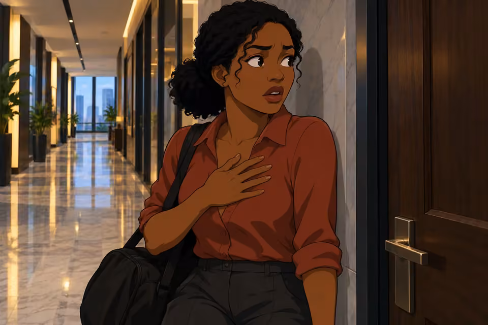 Kemi presses a hand to her chest and turns toward the closed door in startled recognition.