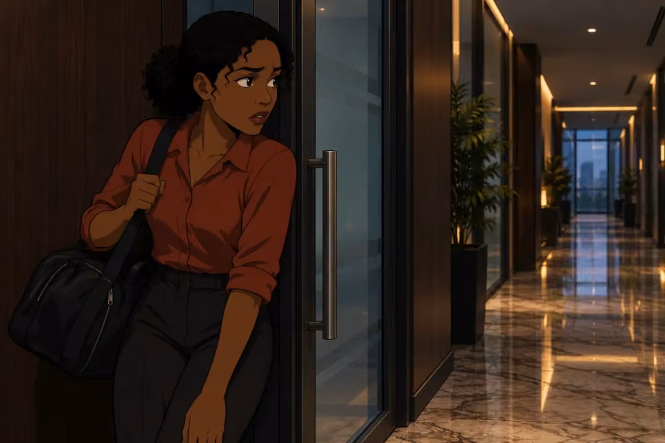 Kemi grips her duffel strap and turns from the office door toward approaching footsteps.