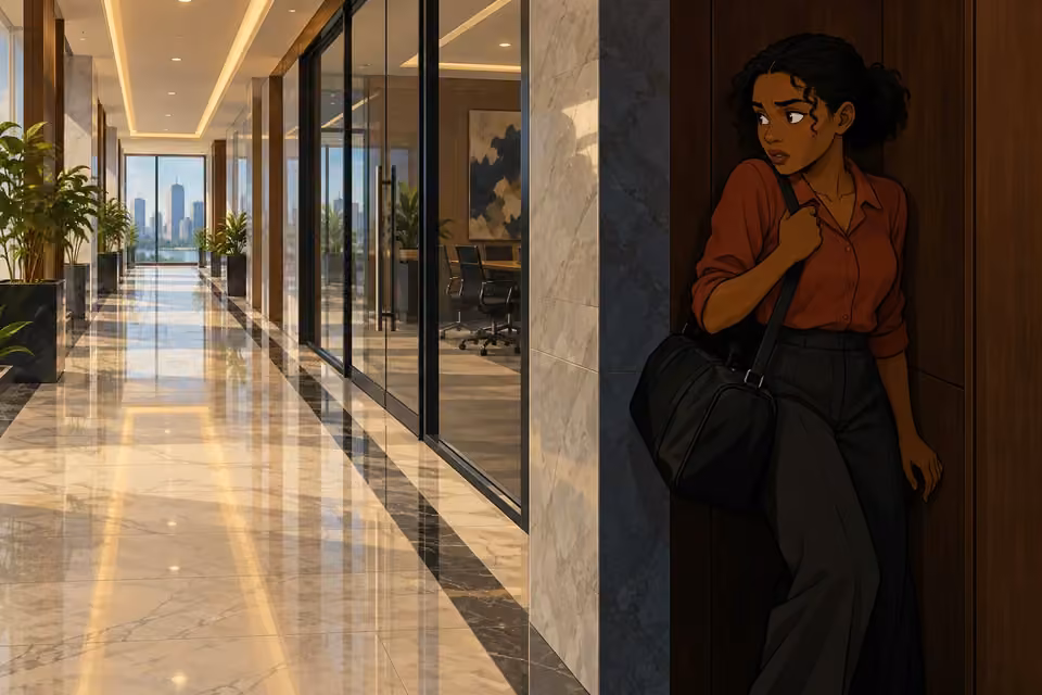 Kemi retreats into the shadow of a narrow alcove beside the bright office corridor.