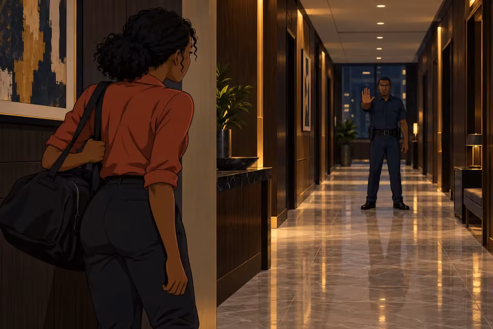 A security guard at the end of the hall gestures for Kemi to show identification.
