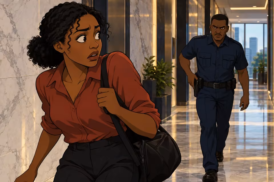 Kemi recoils as the guard approaches with a hand moving toward his holster.