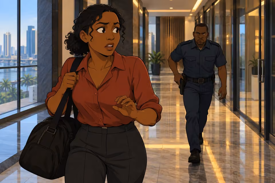 Kemi hesitates in panic as the security guard strides closer behind her.