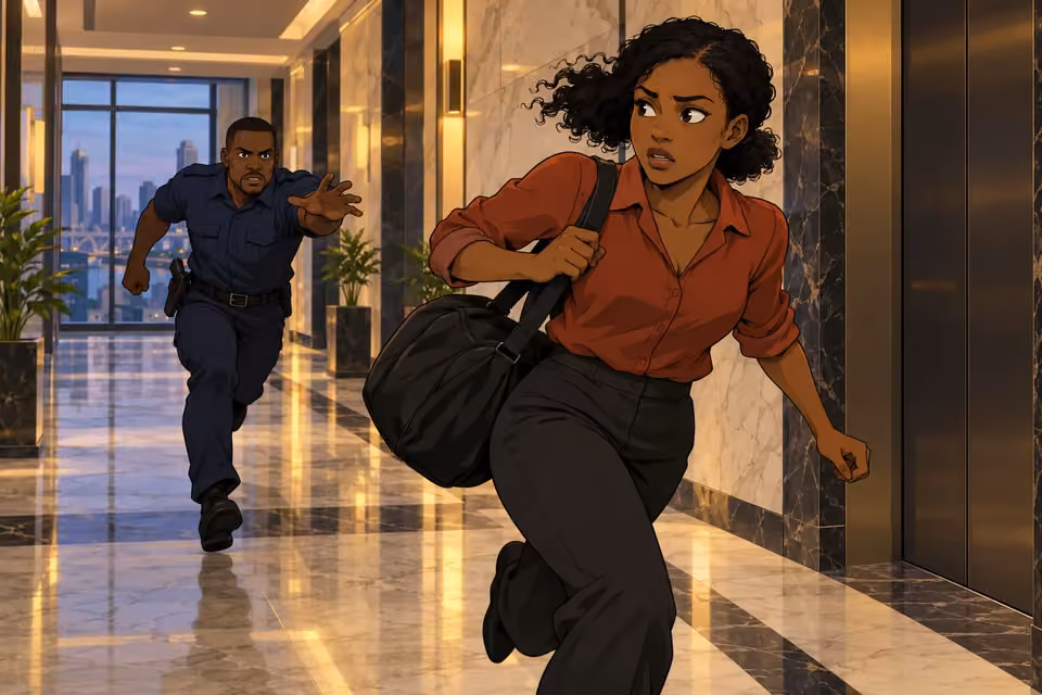 Kemi pivots and runs down the marble corridor, her duffel swinging as the guard follows.