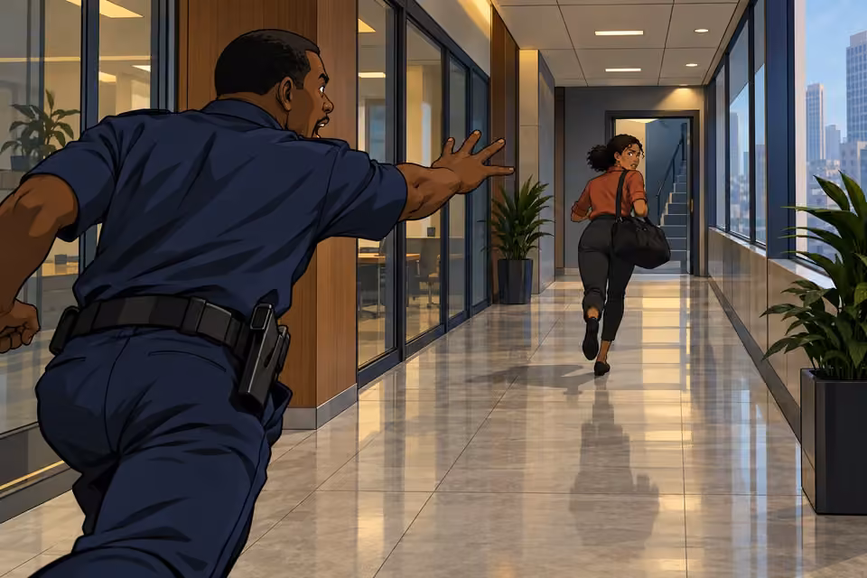 The guard shouts after Kemi as she runs toward the stairwell at the end of the hallway.