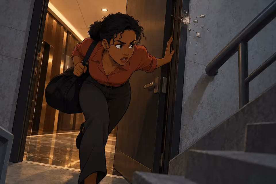 Kemi ducks through a stairwell door as a fresh impact chips the frame near her head.