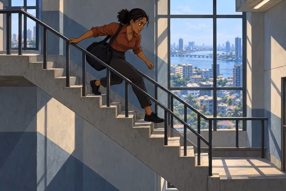 Kemi races down a concrete stairwell, gripping the rail with her black duffel bouncing beside her.