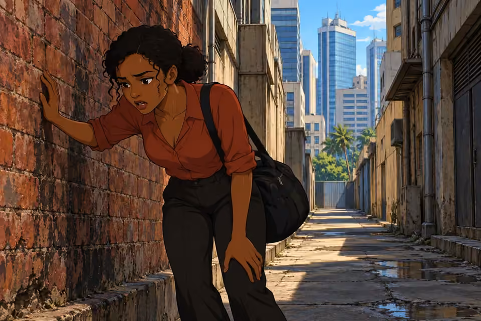 Kemi leans against a grimy brick wall in a narrow back alley, catching her breath.