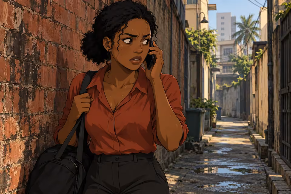 With trembling fingers, Kemi lifts her phone to answer beside the alley wall.