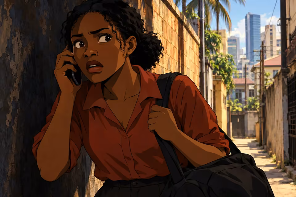 Kemi listens in alarm to the threatening caller in the sunlit alley.