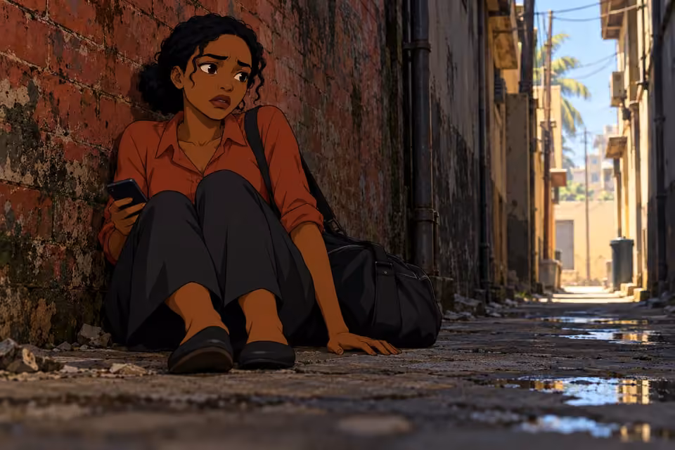 Kemi sinks onto the alley pavement with her back against the brick wall.