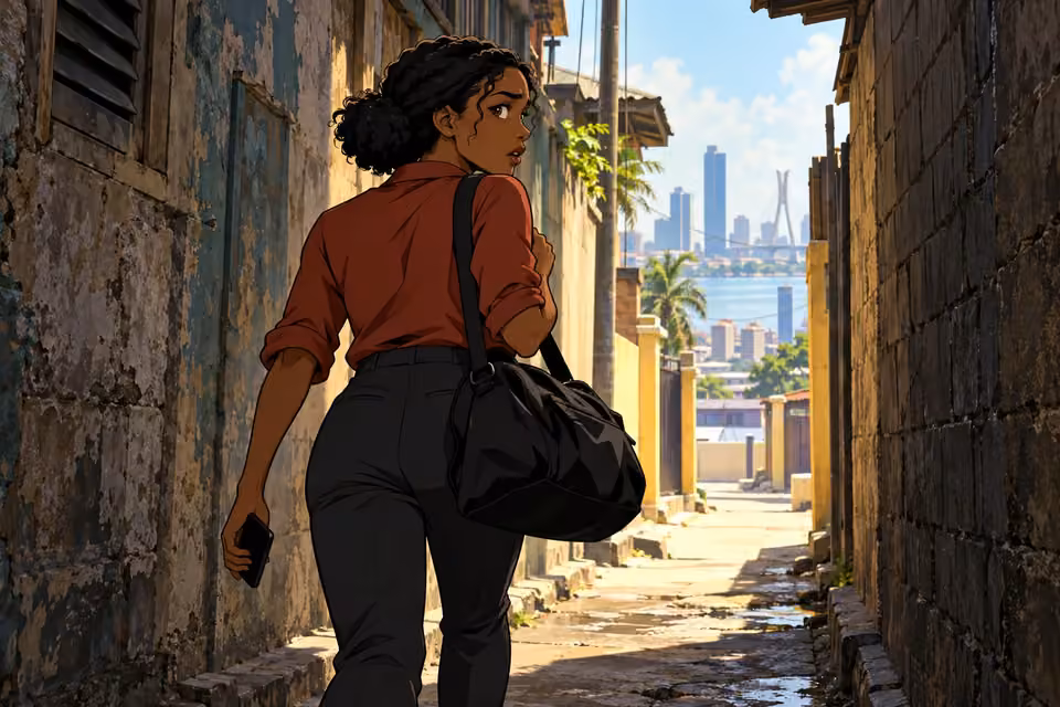 Kemi moves toward the bright mouth of the alley, urgently checking the way ahead.