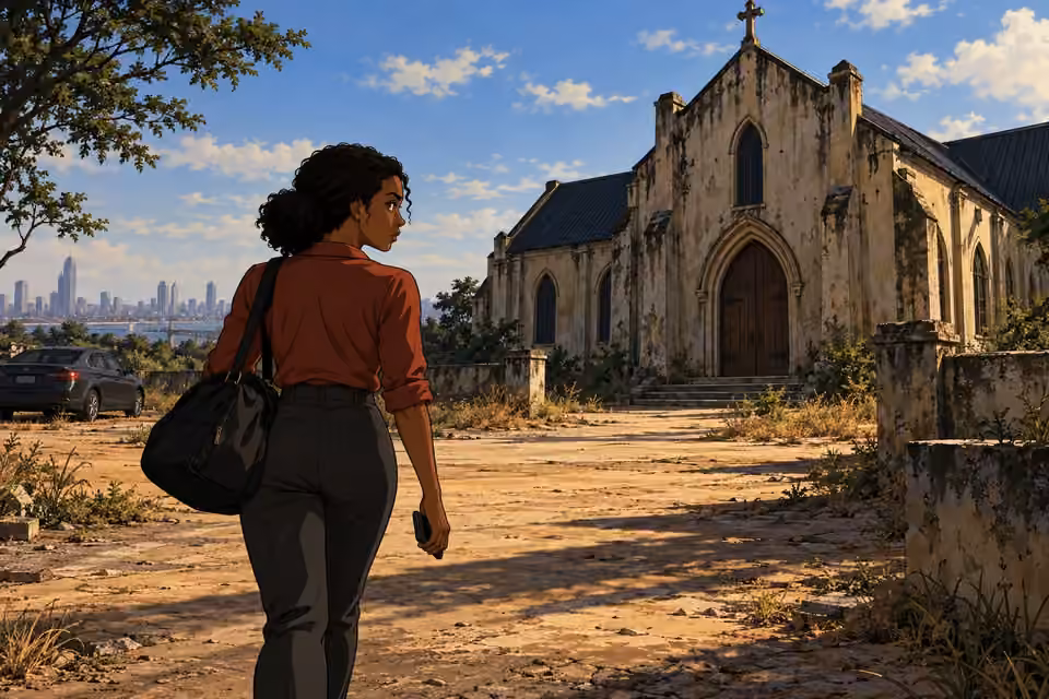 Kemi approaches an isolated old church after parking nearby.