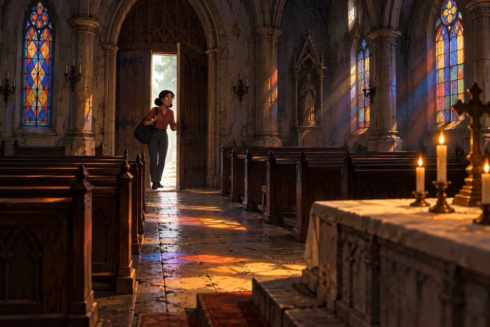 Kemi enters the dim old church beneath colored shafts of stained-glass light.