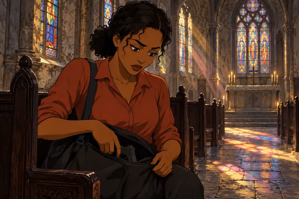 Kemi reaches into the duffel bag as colored light crosses the empty church aisle.