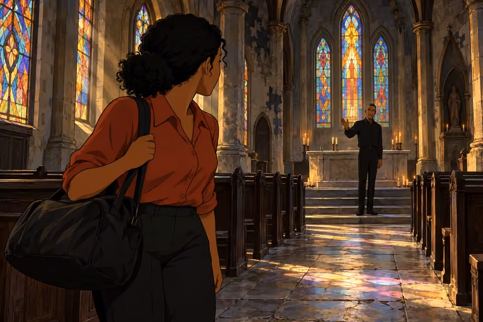 Kemi turns toward a man calling from the altar at the front of the church.