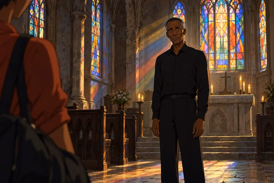 Father Michael stands tall and still beside the church altar, his face calm but sad.