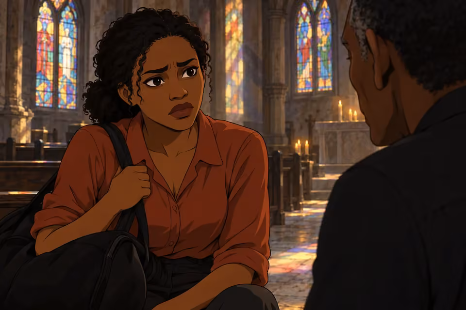 Kemi stands silent and uneasy under Father Michael's familiar gaze.