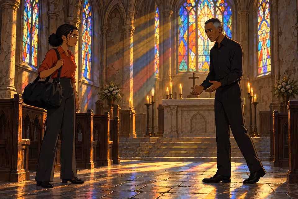 Father Michael takes a cautious step toward Kemi, speaking with sympathy.