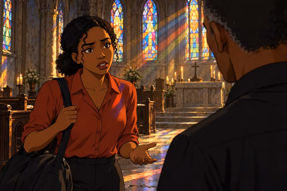 Kemi questions Father Michael with a tense, uncertain expression.