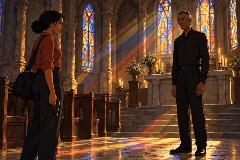 Kemi holds the pistol low while facing Father Michael, torn over her next move.