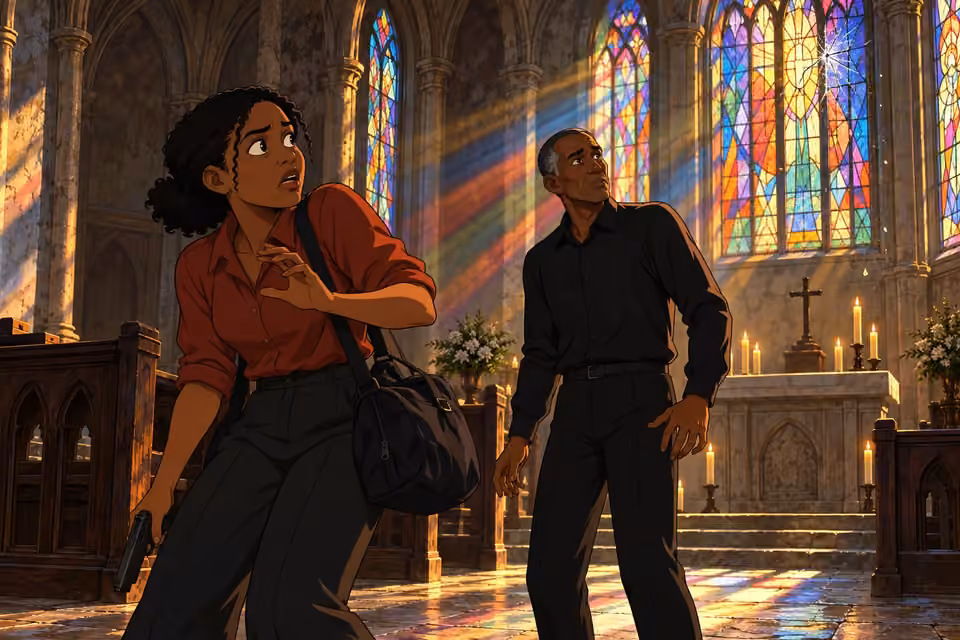 Kemi and Father Michael flinch as an abrupt crack breaks the church's silence.