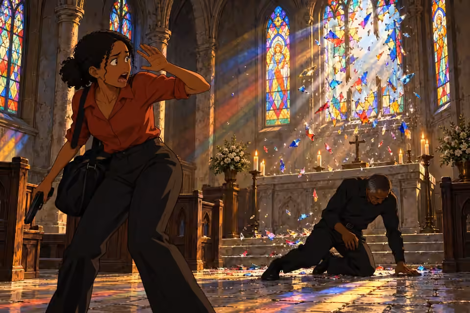 Father Michael collapses beneath a shattered stained-glass window as Kemi recoils in horror.