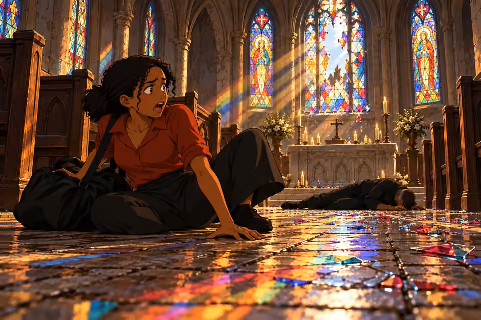 Kemi scrambles backward across the church floor after the attack.