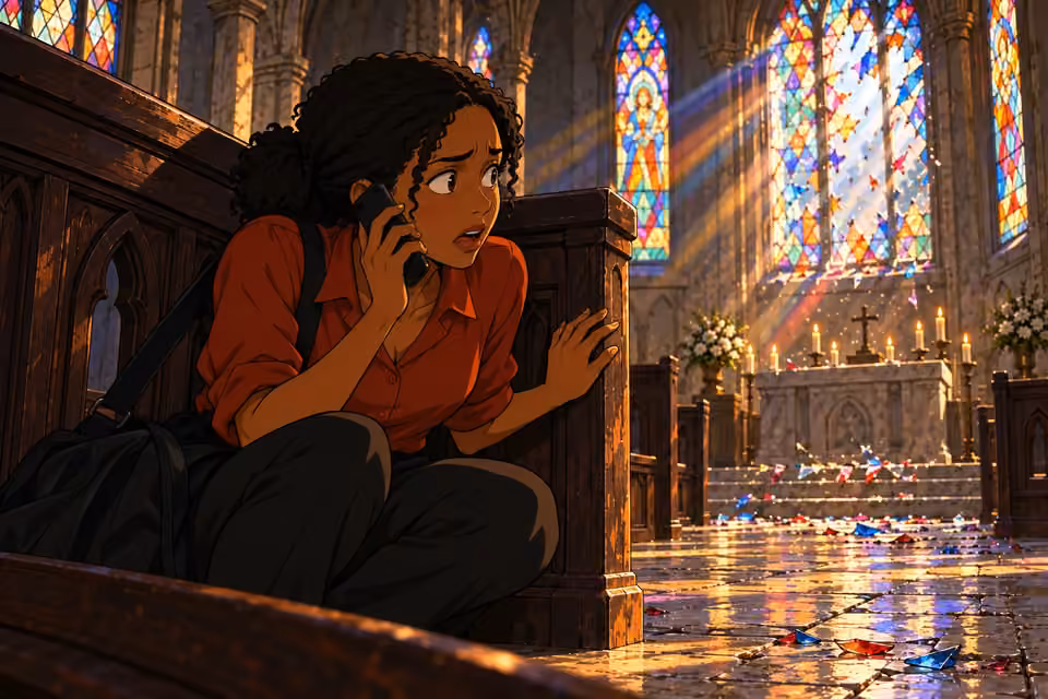 Kemi answers her phone with a shaking hand beside a church pew.