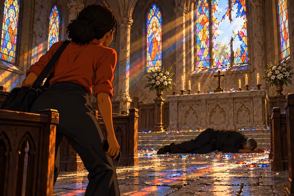 Kemi looks toward Father Michael lying still below the altar.