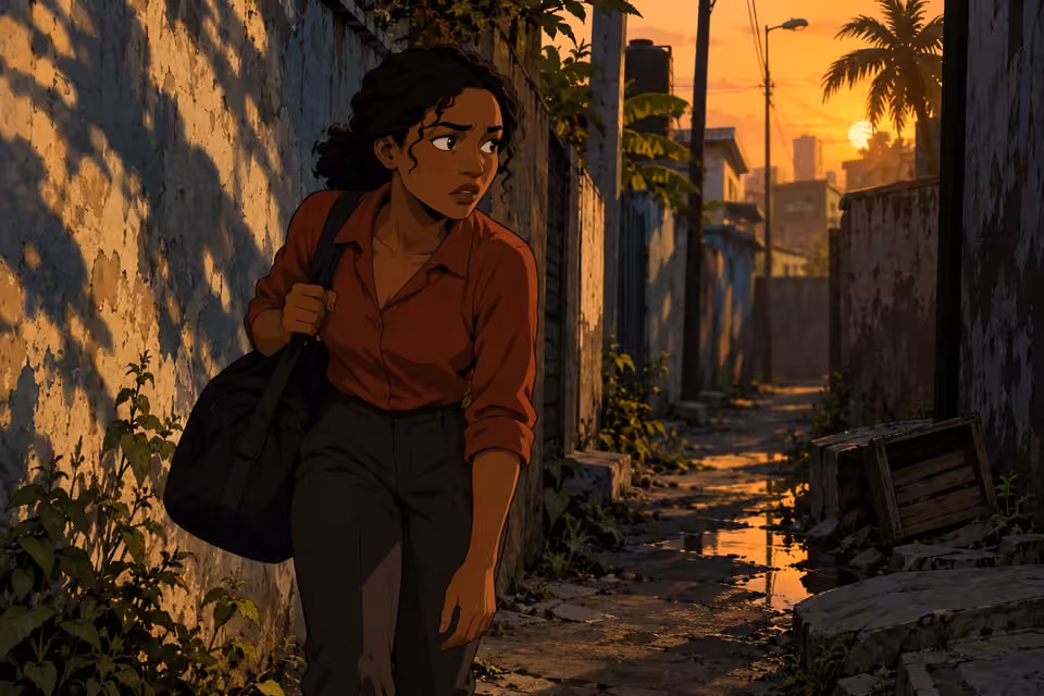 An exhausted Kemi looks over her shoulder in a deserted city alley.