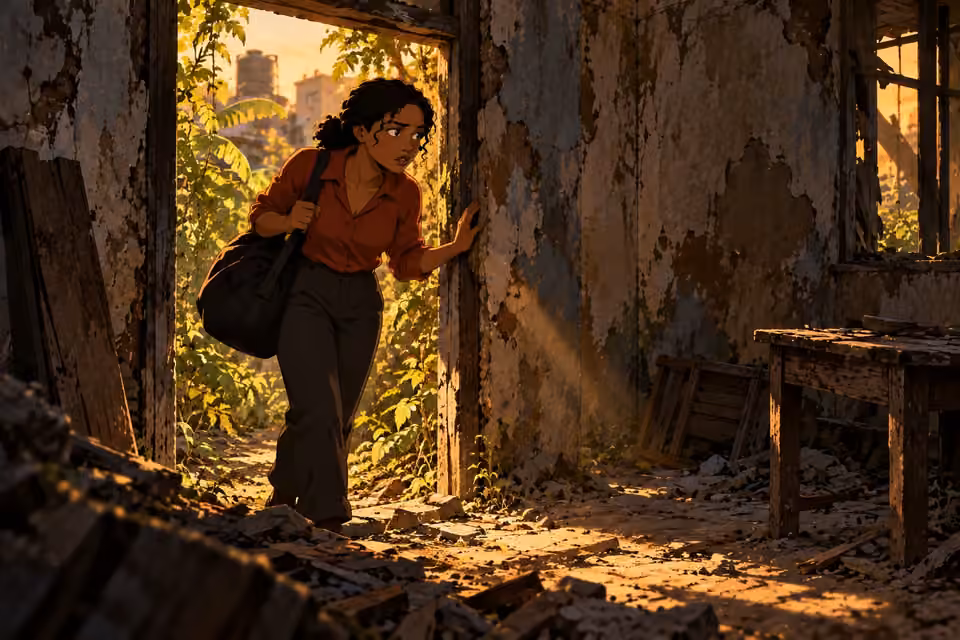 An exhausted Kemi slips into a dusty abandoned building.