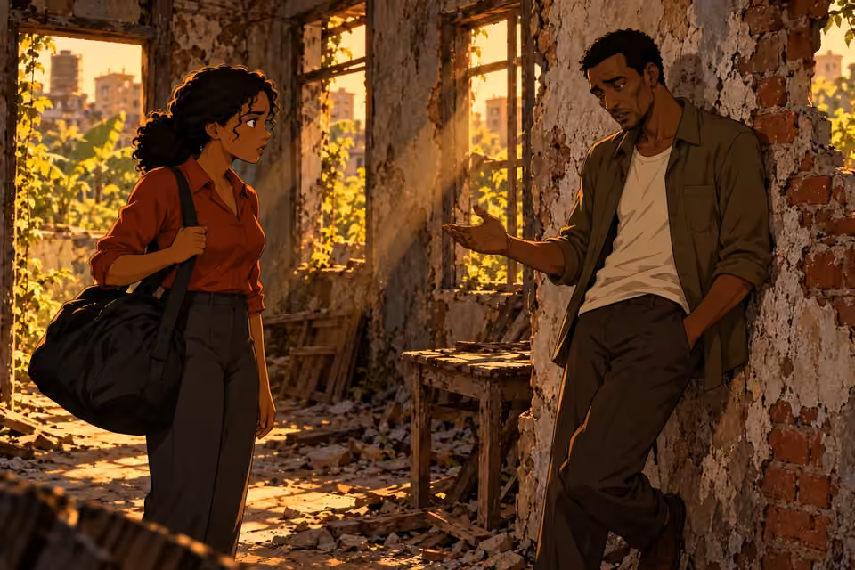 Kunle leans against a broken wall and explains what happened to him.