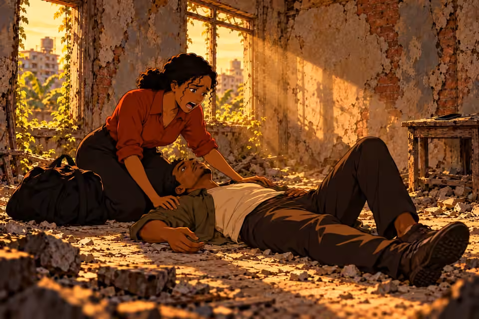 Kemi kneels beside the motionless Kunle in the abandoned room.