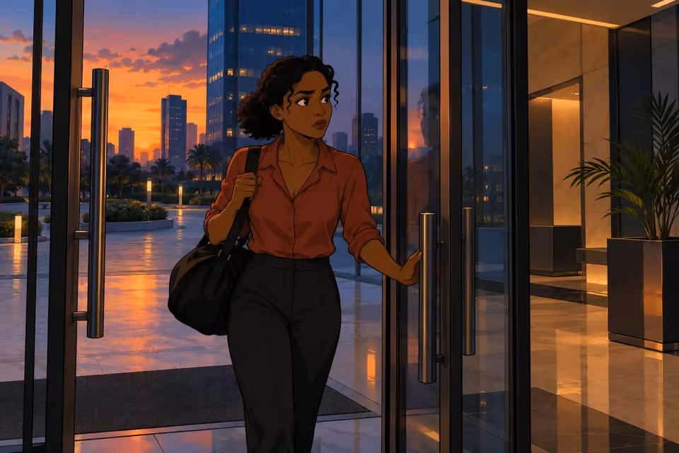 Kemi cautiously opens the deserted tech firm's glass entrance at dusk.