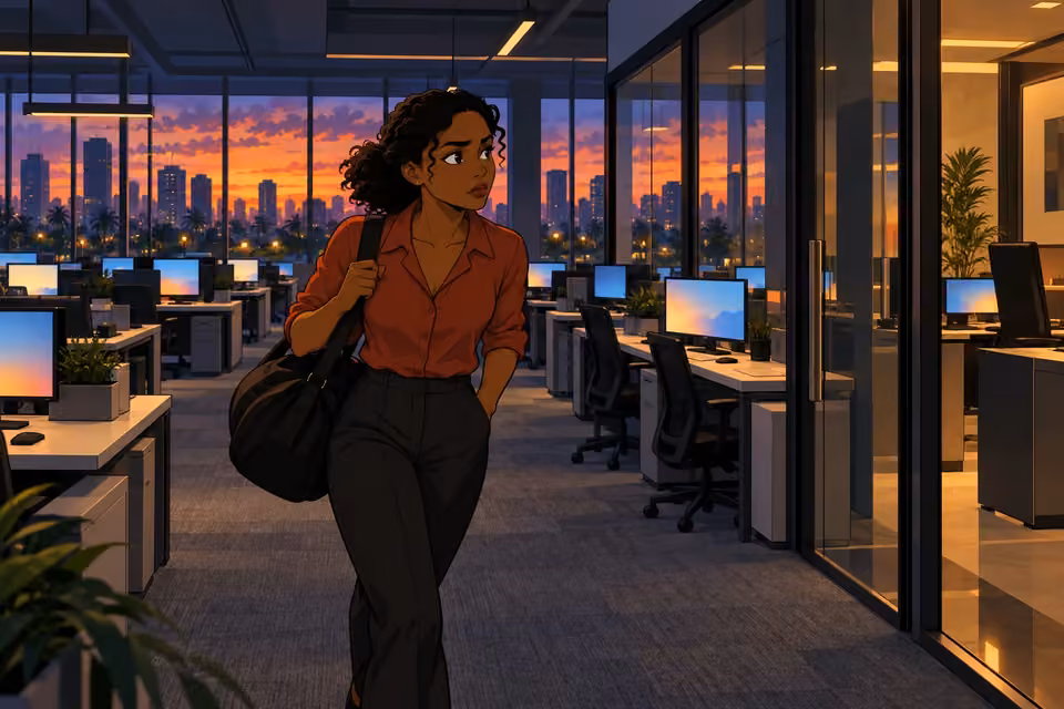 Kemi searches the silent rows of desks inside the tech firm.