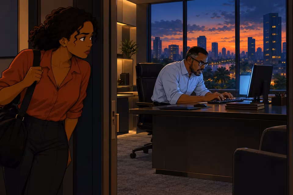 Kemi discovers Felix desperately typing at his computer.