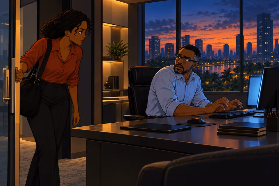 Felix freezes at his keyboard as Kemi opens the office door.