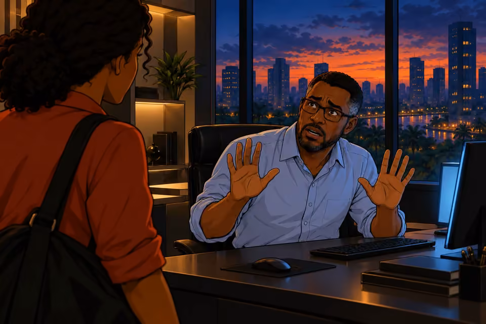 Felix raises his hands and pleads with Kemi.