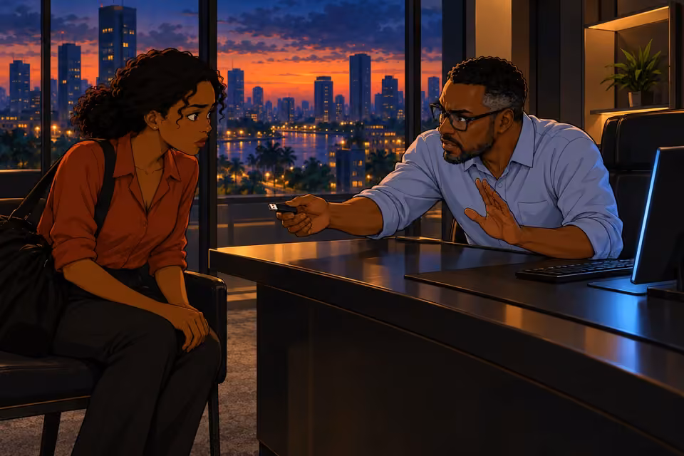 Felix offers Kemi the USB drive and warns her to trust no one.