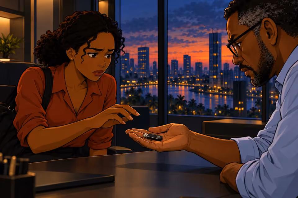 Kemi hesitates with her fingers just above Felix's offered USB drive.