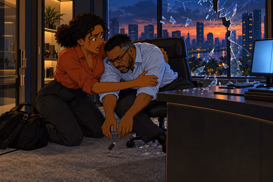 Kemi catches Felix as he collapses beside the shattered window.
